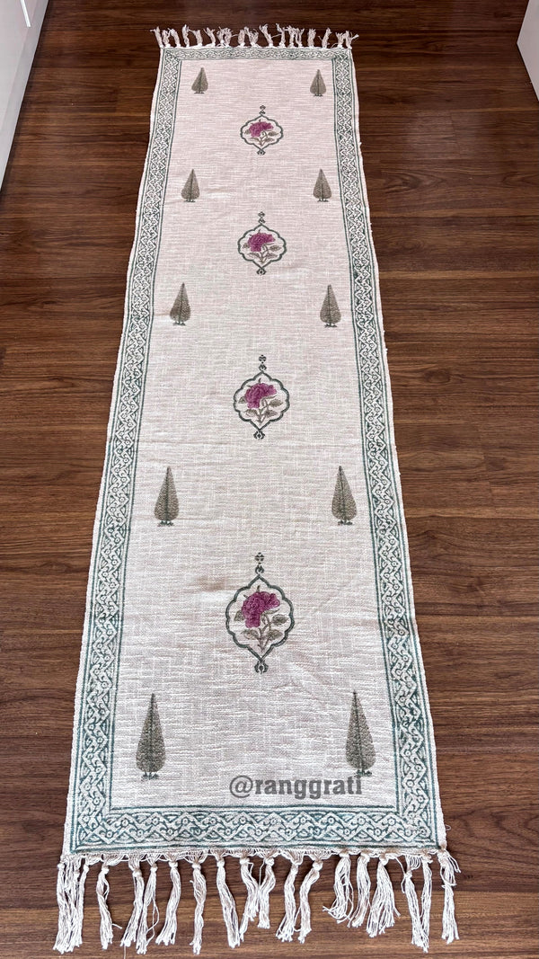 Pink Rose Jute Cotton Table Runner Hand Block Print For 6 Seater Dining Table