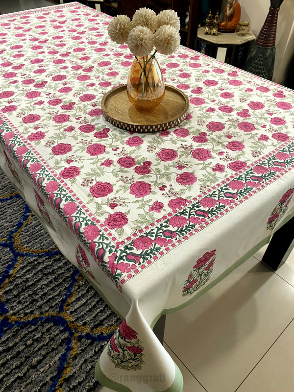 Pink Rose Table Cover Cloth 6 Seater Dining Table Rectangular