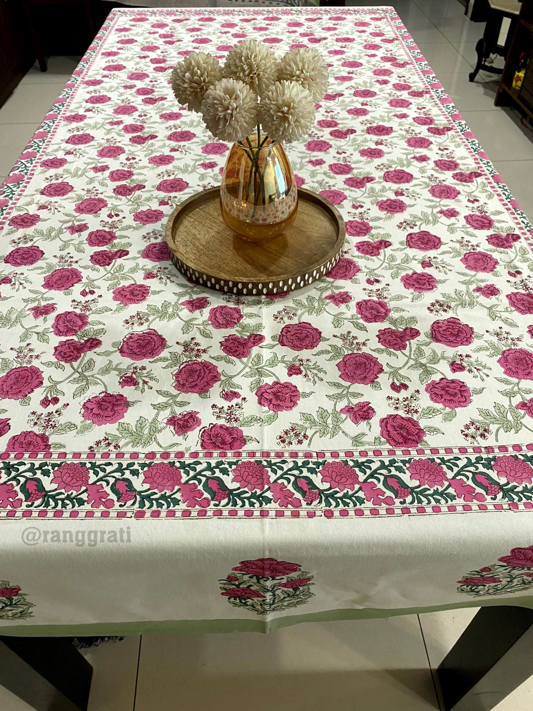 Pink Rose Table Cover Cloth 6 Seater Dining Table Rectangular Canvas Cotton