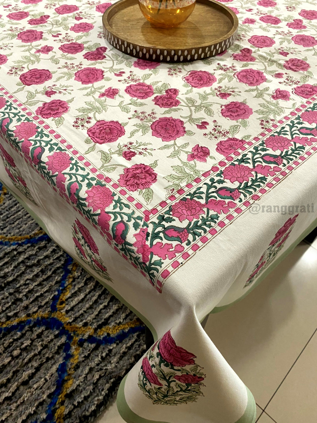 Canvas Cotton Pink Rose Table Cover Cloth 6 Seater Dining Table Rectangular