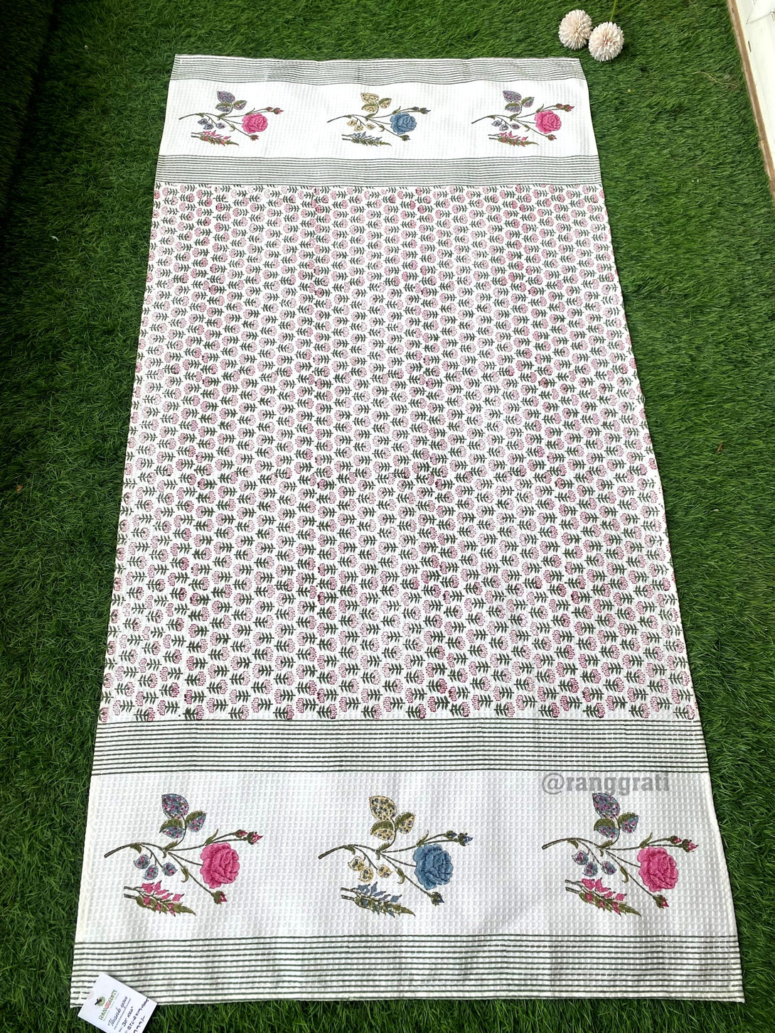 Pink Roses Hand Block Printed Body Towel In Pure Cotton Waffle