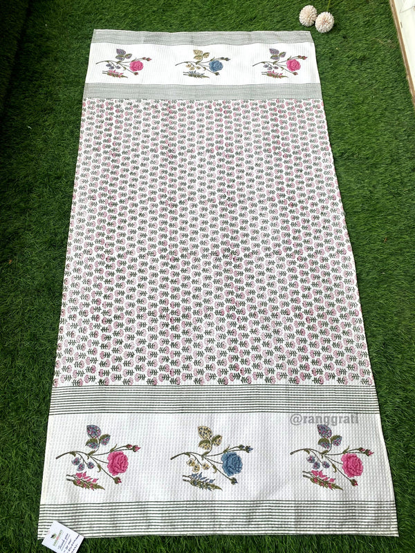 Pink Roses Hand Block Printed Body Towel In Pure Cotton Waffle
