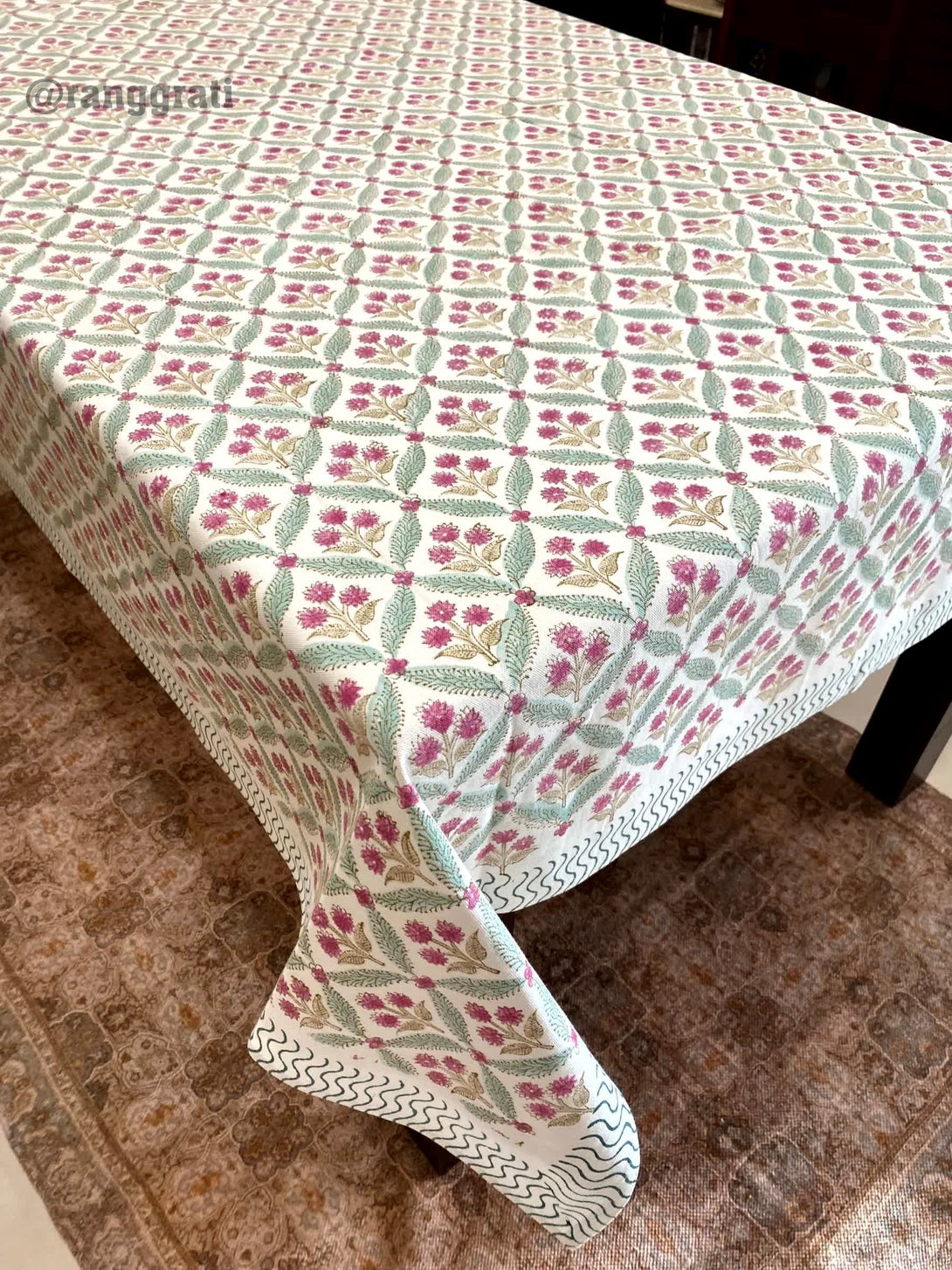 Pink Small Floral Table Cover Cloth 6 Seater Dining Table Rectangular - Table Cover