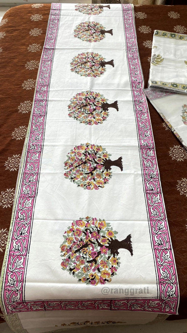 Pink Tree Table Runner 8 Seater Dining Table Block Print - Table Runner
