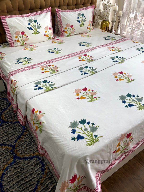 Pink Tulip Floral Bedsheet With Dohar Bedding Set King Size