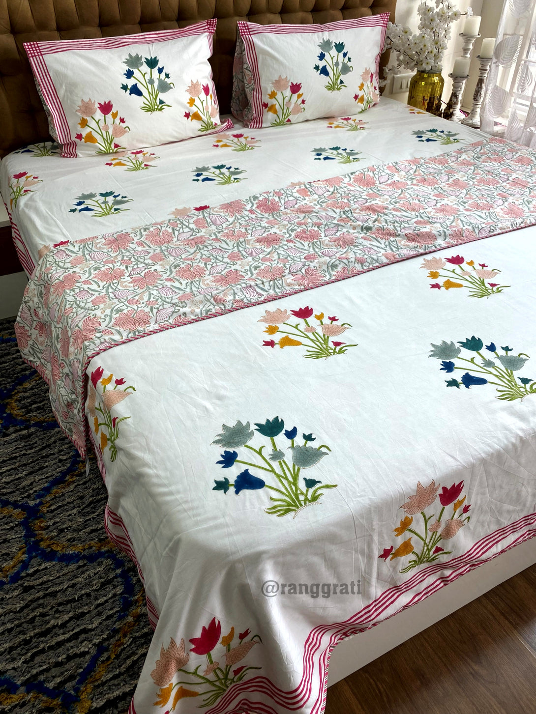 Pink Tulip Floral Bedsheet With Dohar Bedding Set Reversible