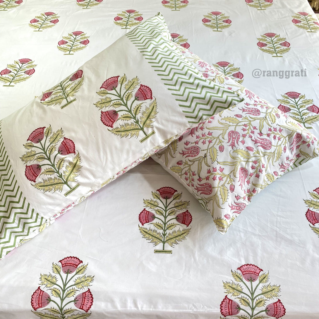 Pink Tulip Floral 250 TC Bedsheet Hand Block King Size