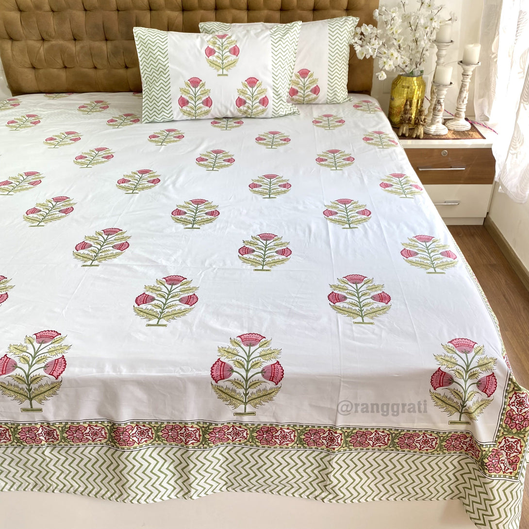 King Size Pink Tulip Floral 250 TC Bedsheet Hand Block