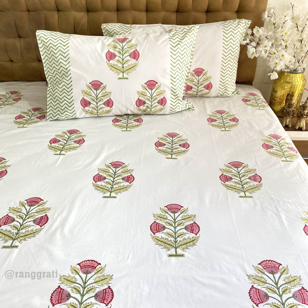 Pink Tulip Floral King Size 250 TC Bedsheet Hand Block