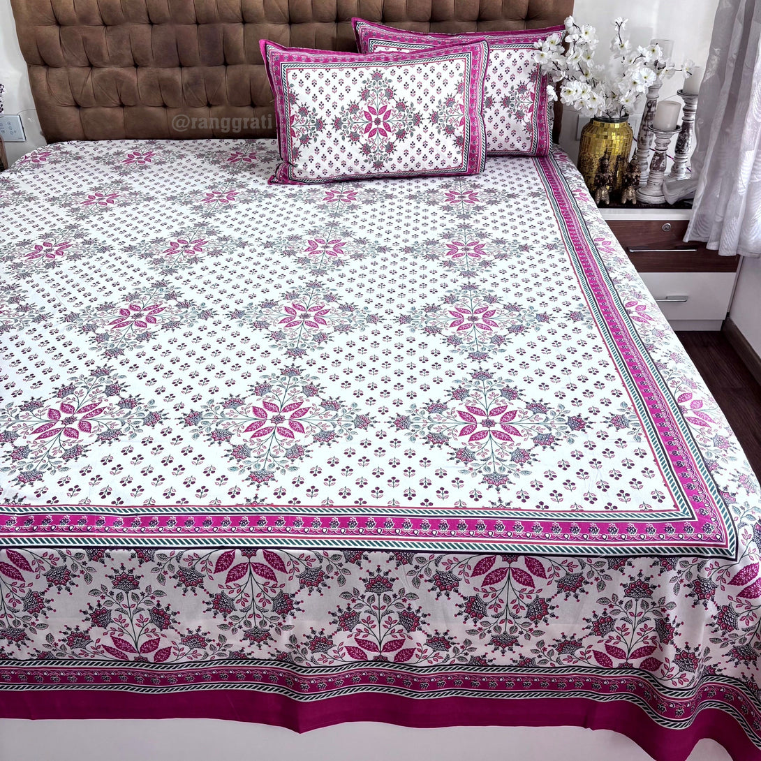 Pink White Geometric Jaipuri Cotton Bedsheet Super King Size - Bedsheet