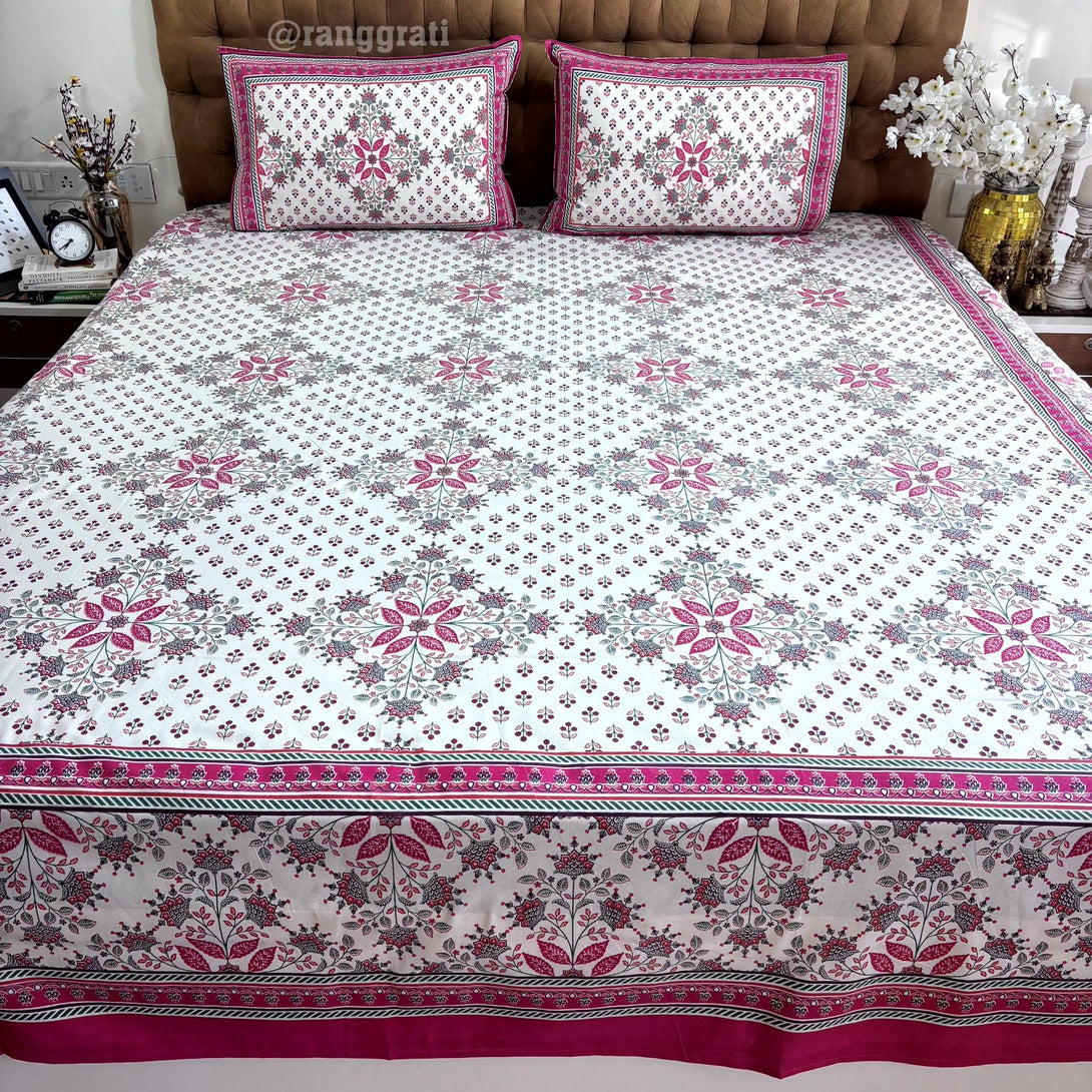 Pink White Geometric Jaipuri Cotton Bedsheet Super King Size - Bedsheet