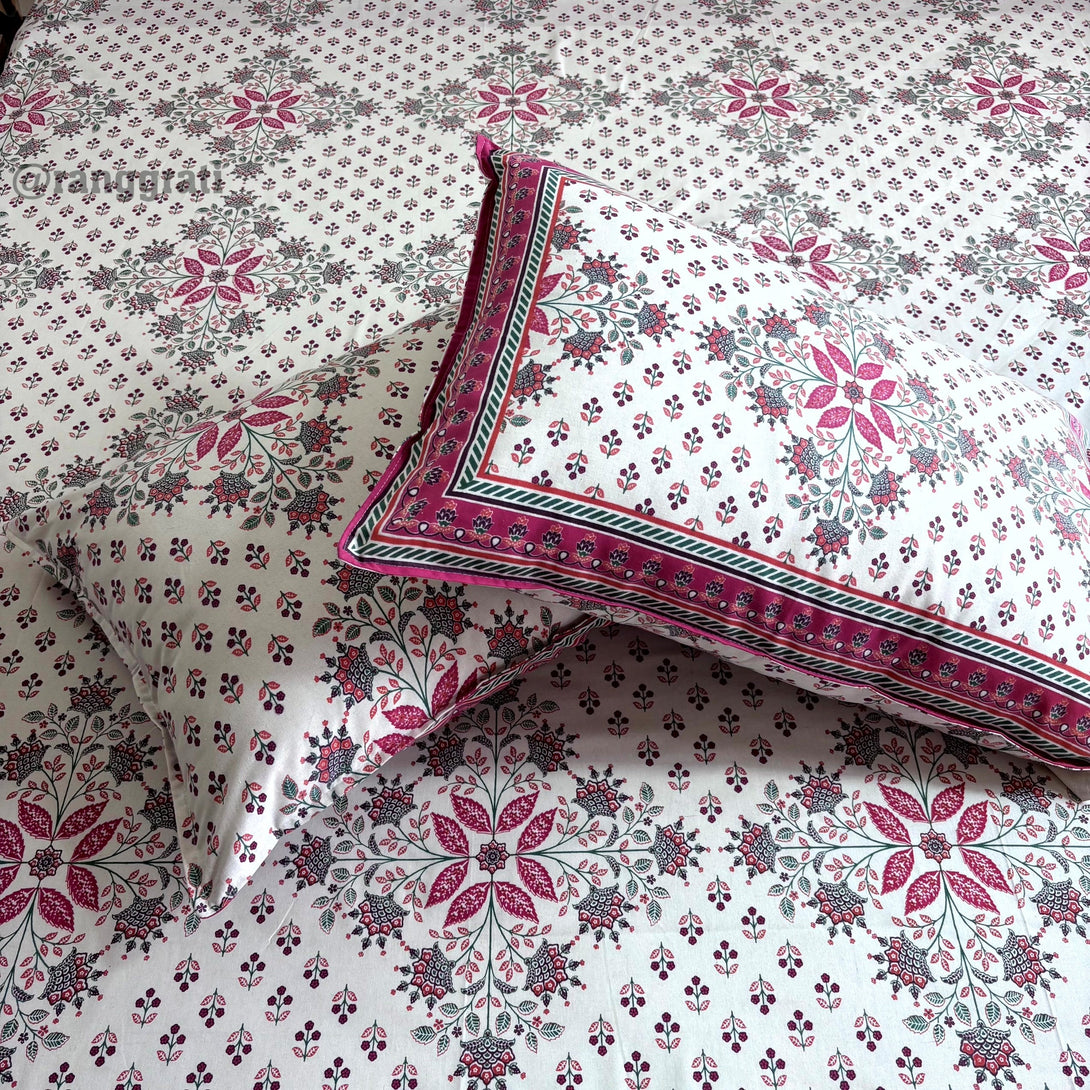 Pink White Geometric Jaipuri Cotton Bedsheet Super King Size - Bedsheet