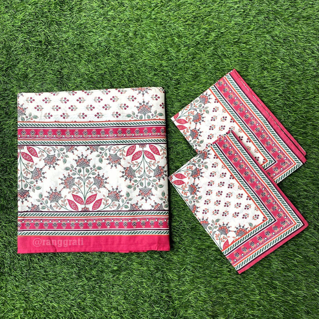 Pink White Geometric Jaipuri Cotton Bedsheet Super King Size - Bedsheet