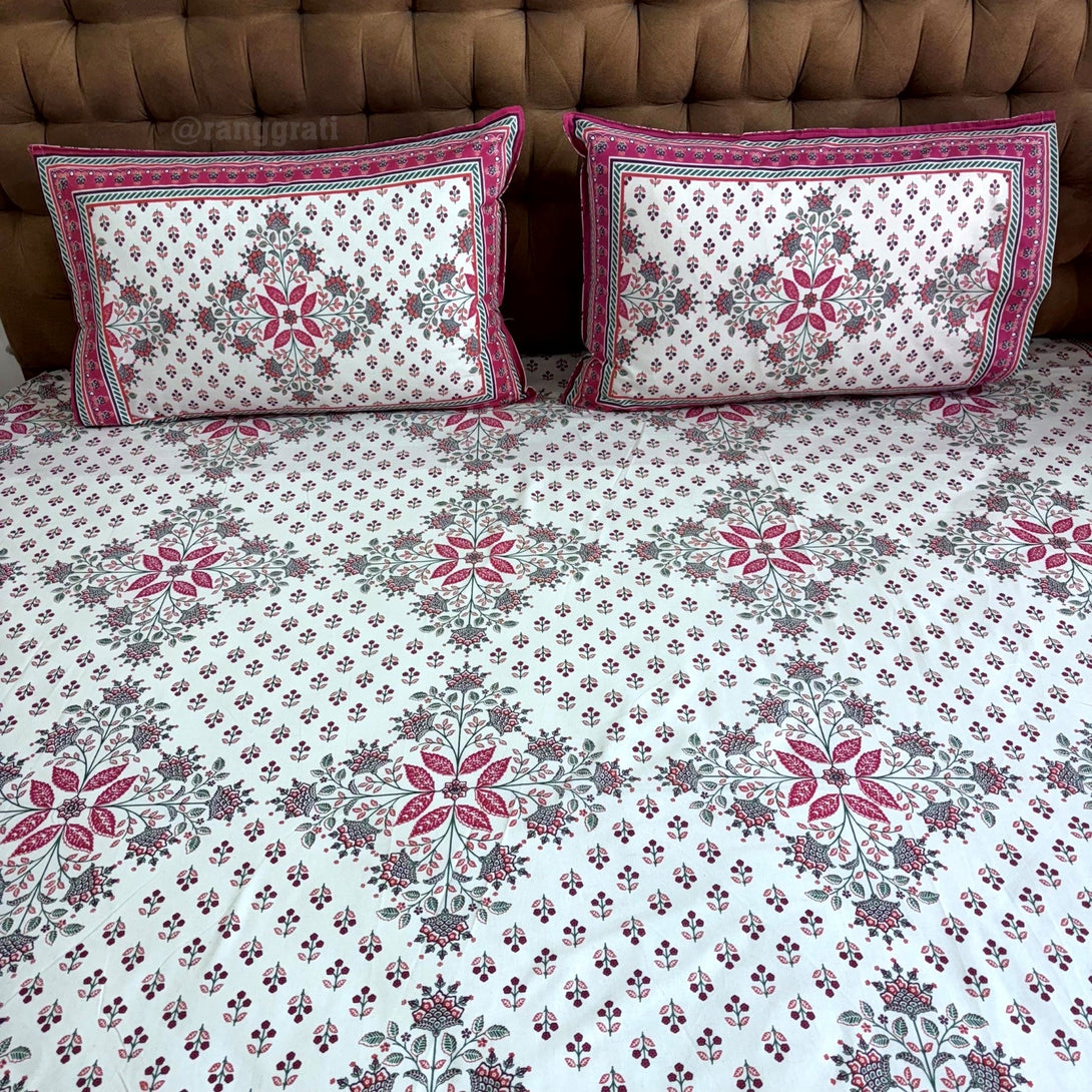 Pink White Geometric Jaipuri Cotton Bedsheet Super King Size - Bedsheet