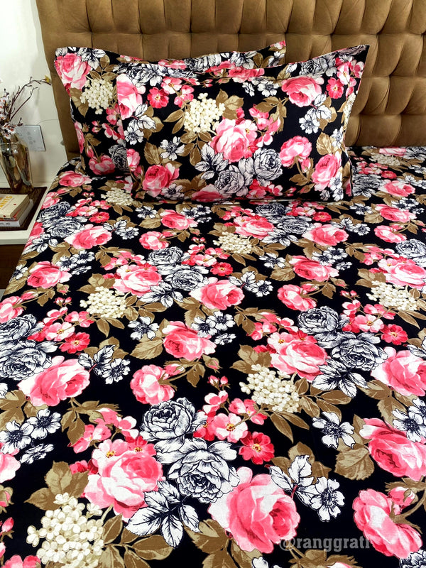 Black Base Pink Roses Cotton Bedsheet 108x108 inches
