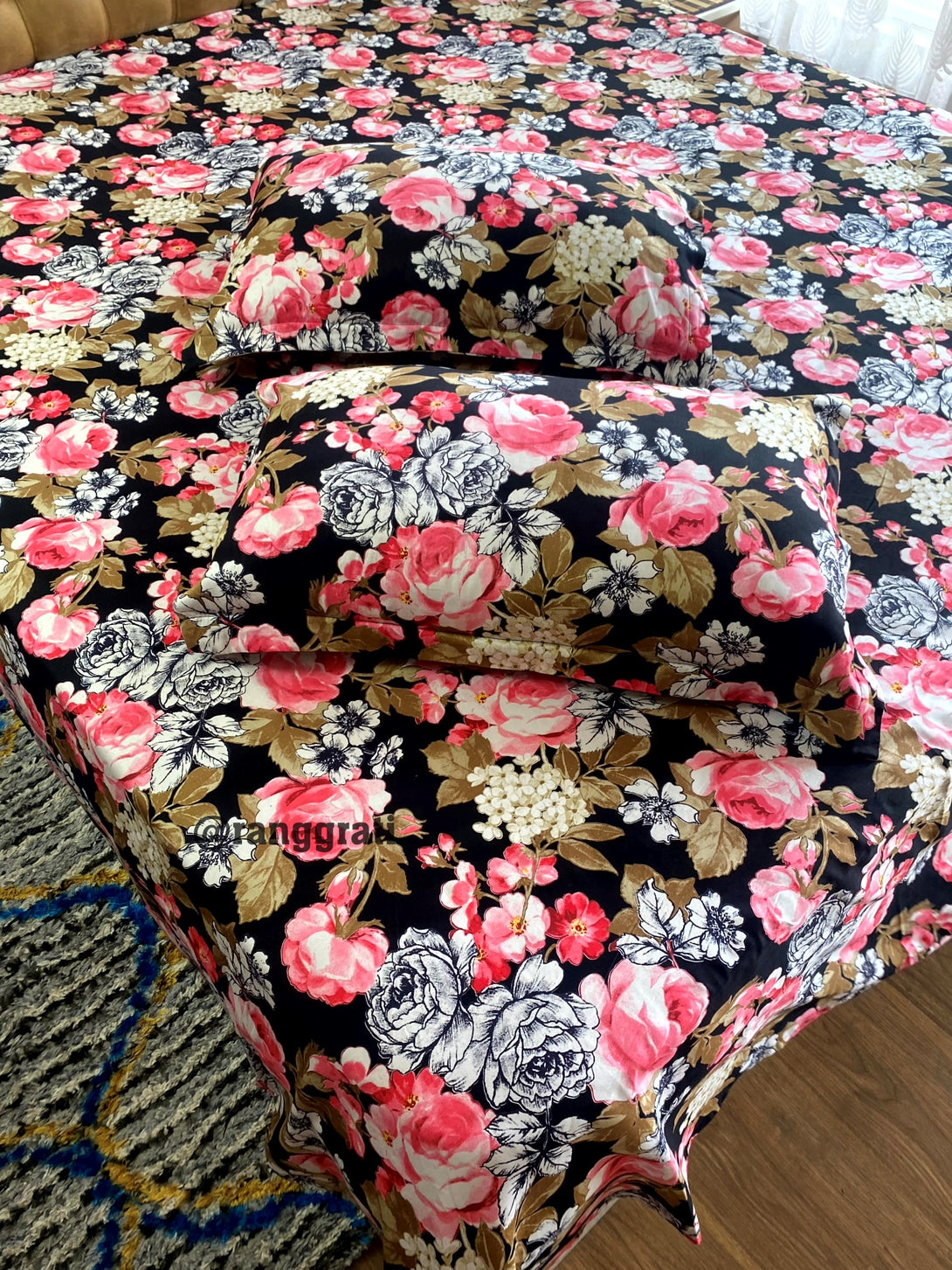 Black Base Pink Roses Cotton Bedsheet 108x108 inches With Pillow Covers