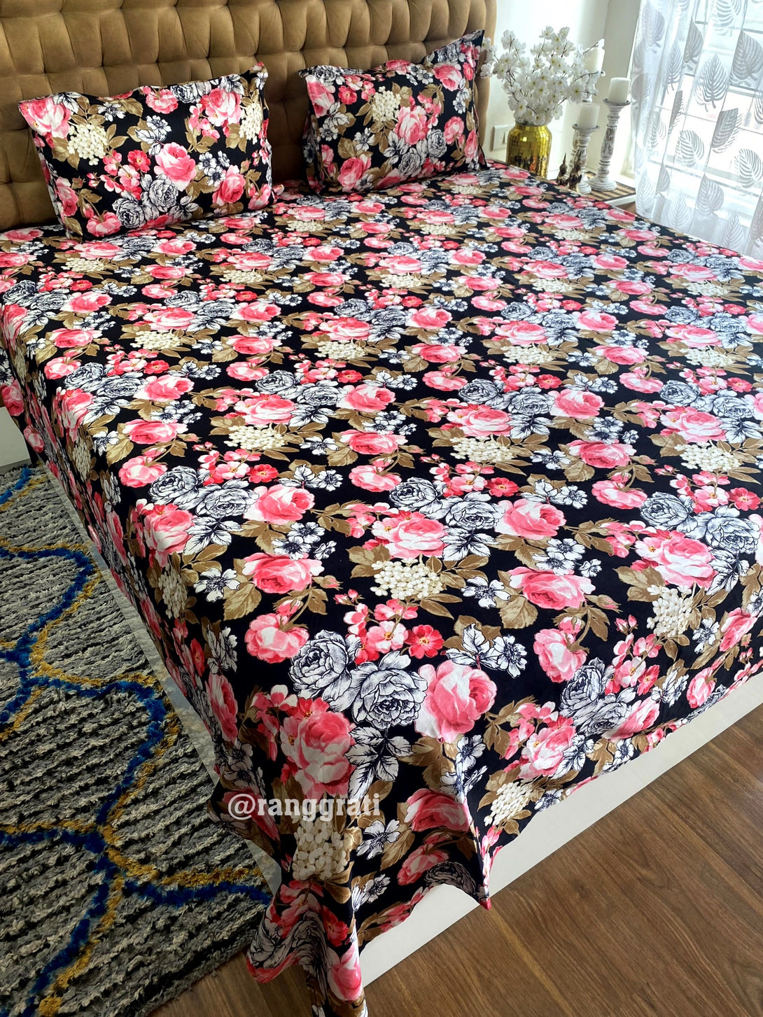 Black Base Pink Roses Cotton Bedsheet Super King Size 