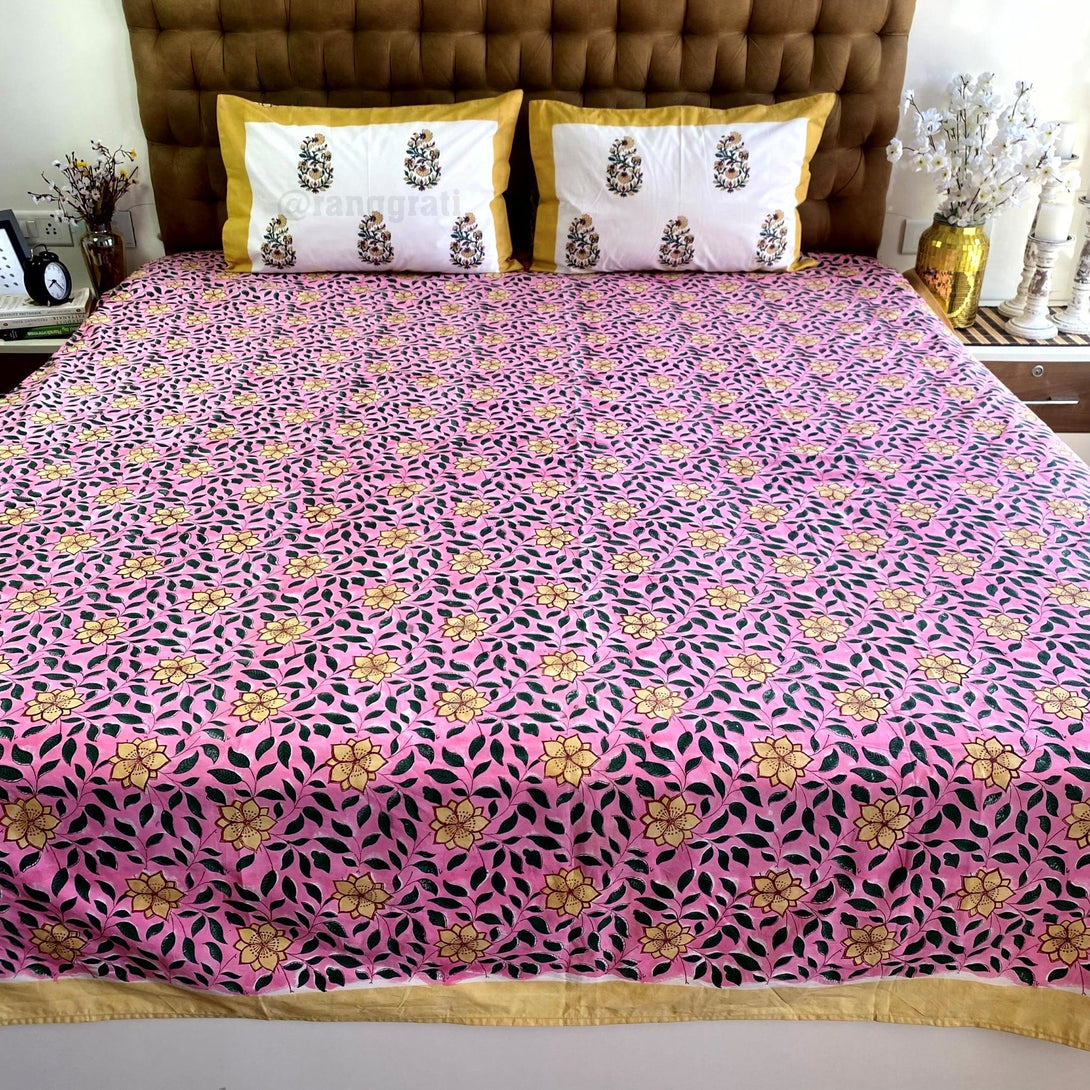 Pink & Yellow Floral Super King Size 250 TC Bedsheet Cotton Hand Block - Bedsheet