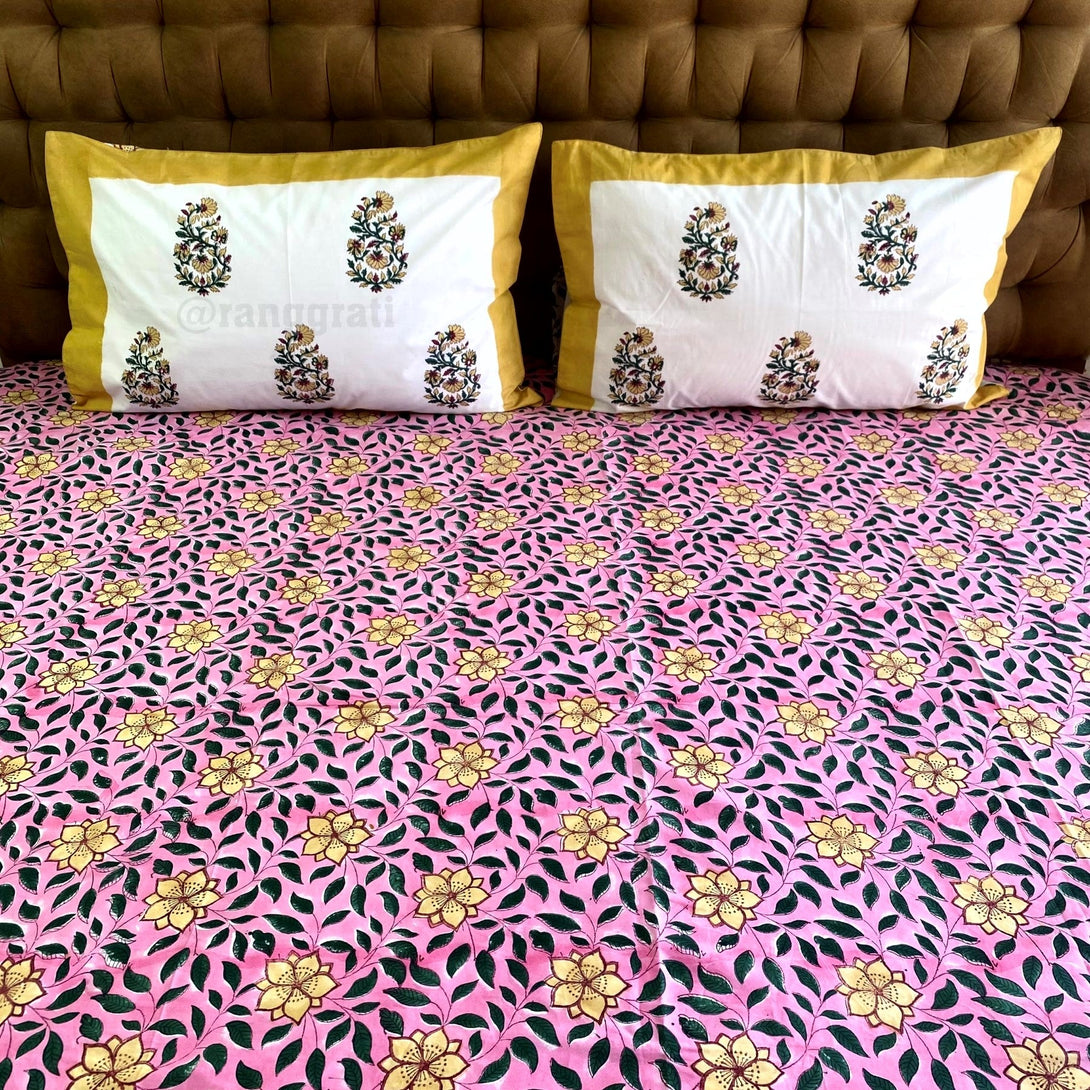 Pink & Yellow Floral Super King Size 250 TC Bedsheet Cotton Hand Block - Bedsheet