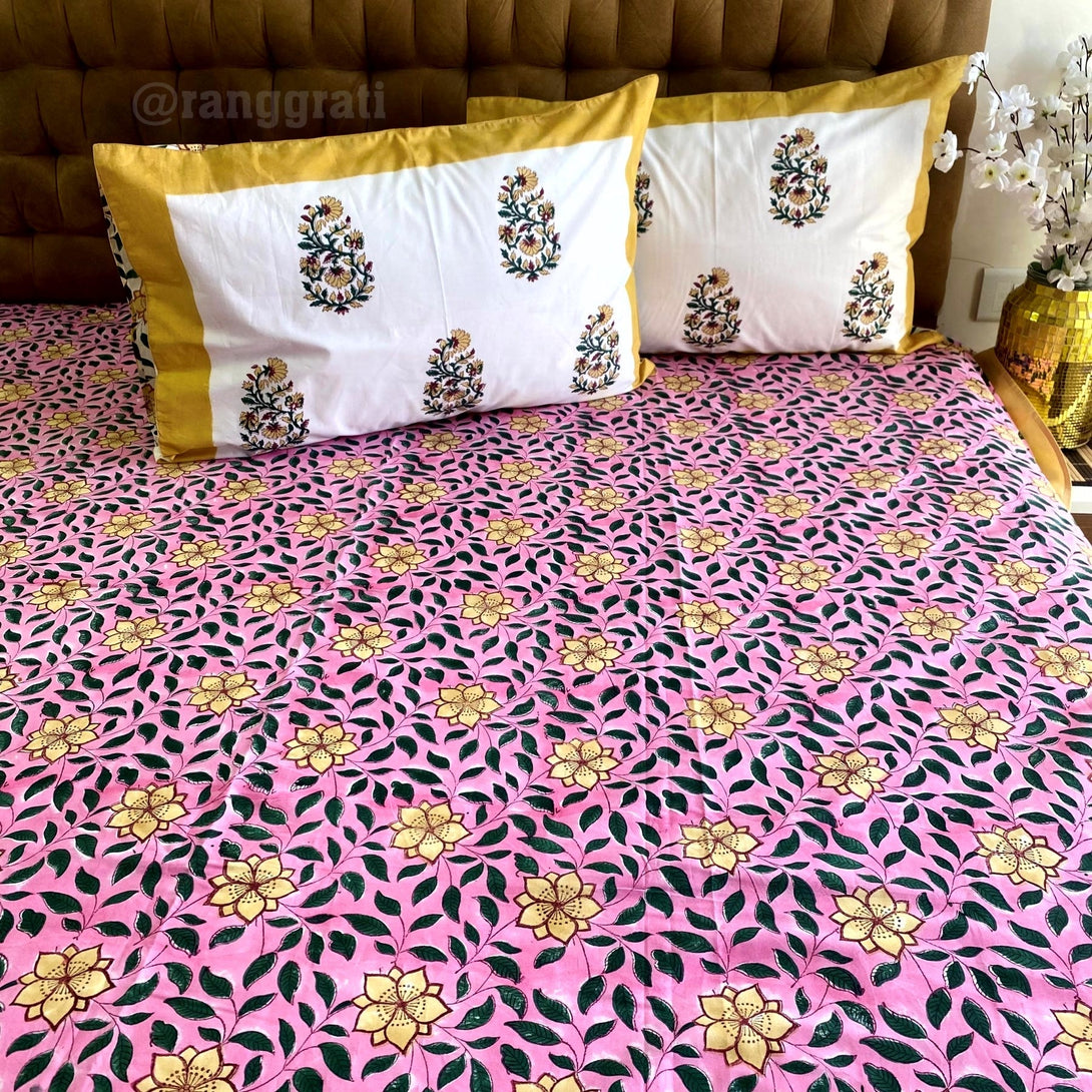 Pink & Yellow Floral Super King Size 250 TC Bedsheet Cotton Hand Block - Bedsheet