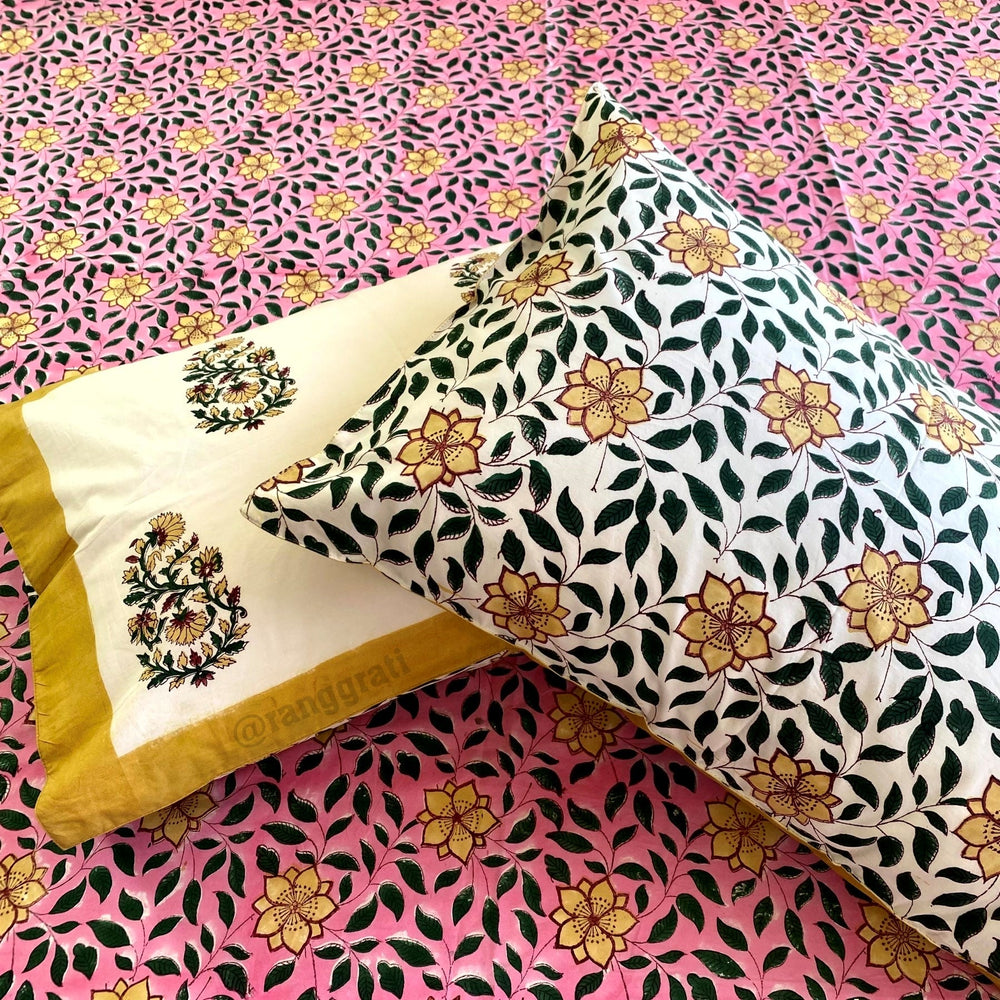 Pink & Yellow Floral Super King Size 250 TC Bedsheet Cotton Hand Block - Bedsheet