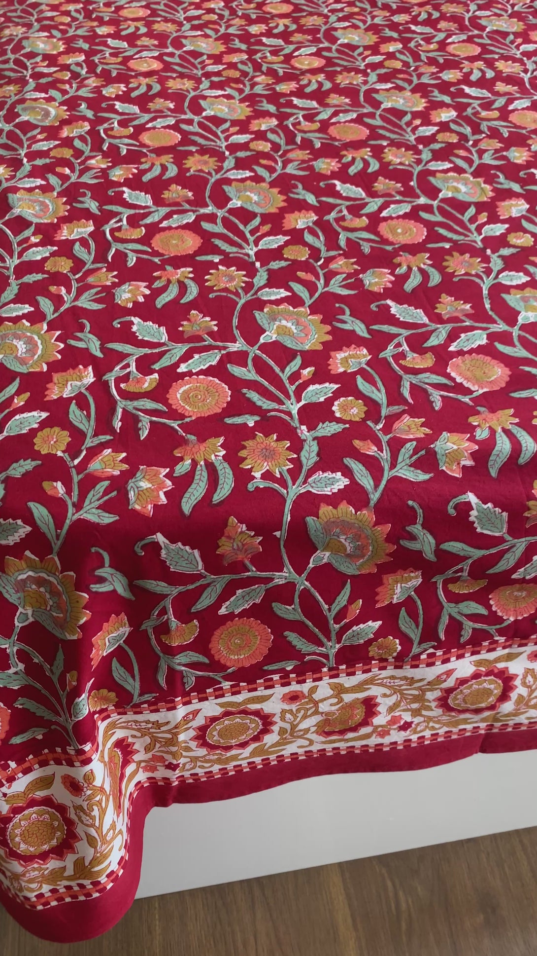 Hand Block Cotton Ruby Red Jaal Floral King Size Bedsheet
