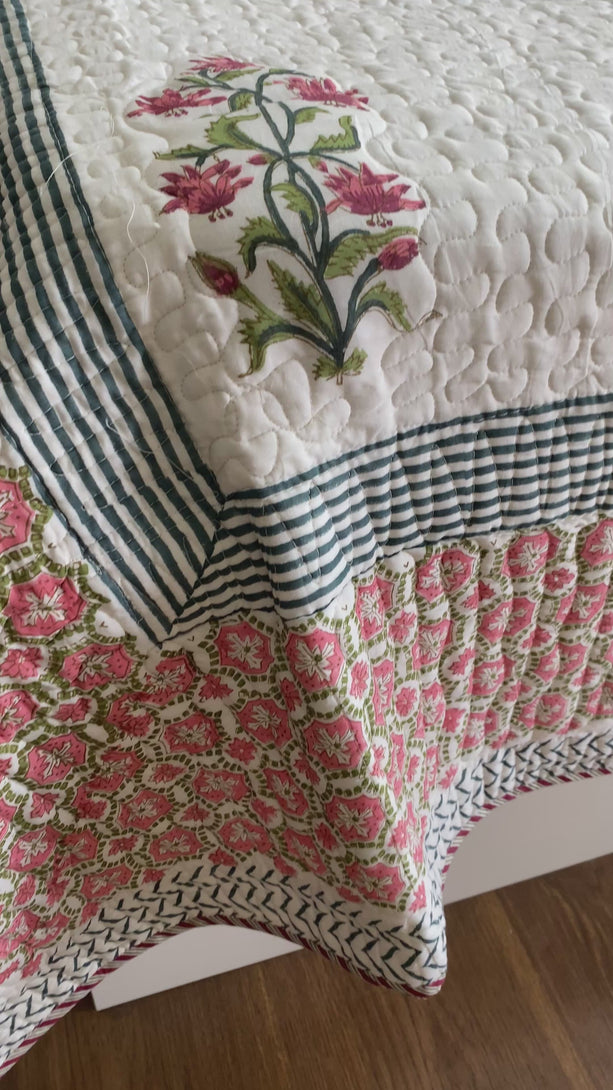 Fuchsia Pink Floral Quilted Bedcover Super King Size Reversible