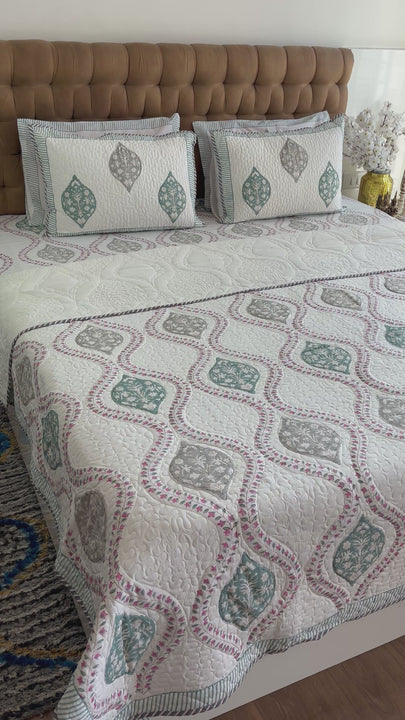 Teal-Grey Ogee Bedsheet With Matching Quilted Bedcover Set