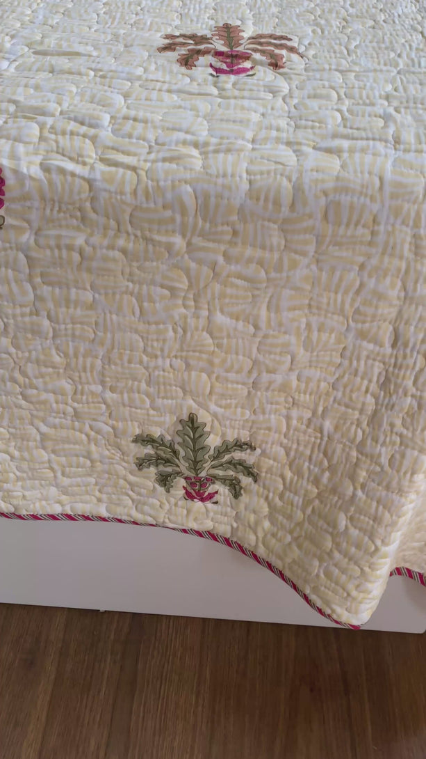Pink Floral Green Fern Quilted Bedcover Super King 108 X 108 Mulmul Cotton