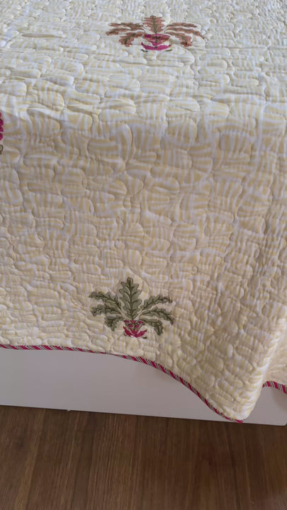 Pink Floral Green Fern Quilted Bedcover Super King 108 X 108 Mulmul Cotton