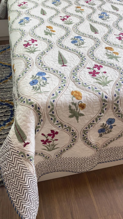 Blue jaal floral quilted bedcover King Size