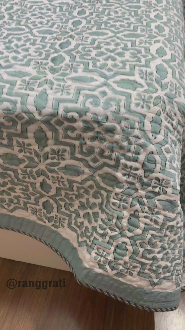 Teal Geometric Quilted Bedcover Super King 108 X 108 Pure Mulmul Cotton