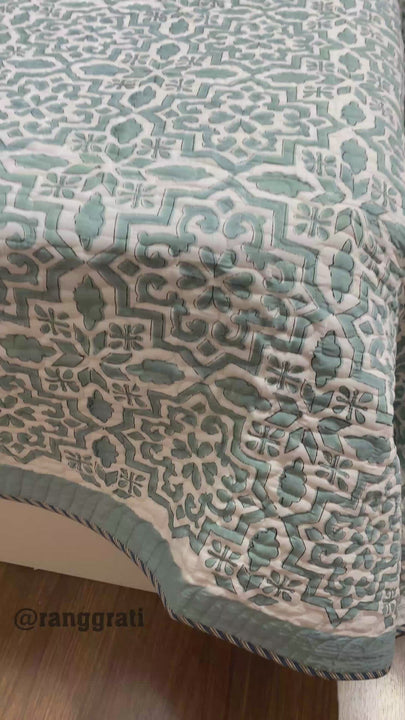 Teal Geometric Quilted Bedcover Super King 108 X 108 Pure Mulmul Cotton