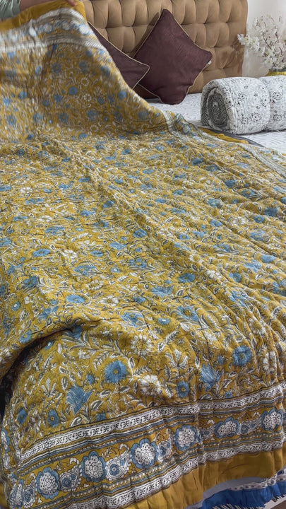 Single Bed Jaipuri Razai – Dijon Yellow Floral Design in Hand Block Cotton