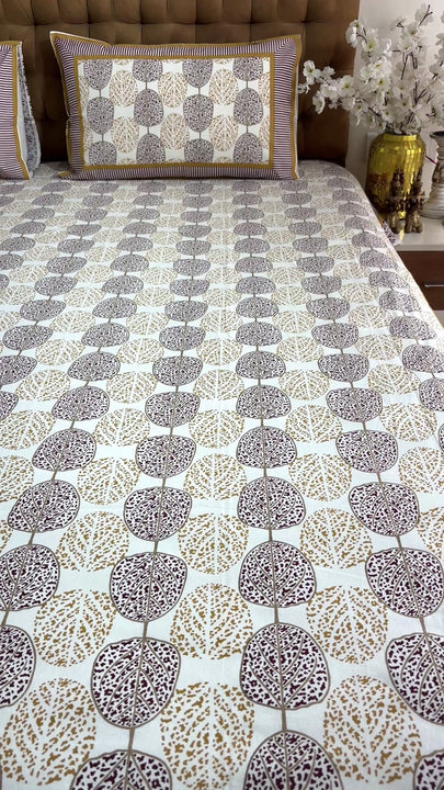 King Size Jaipuri Cotton Golden Maroon Leaves Bedsheet For Double Bed