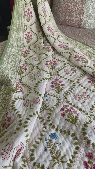 Pure Cotton Green Jaal Pink Floral Single Bed Jaipuri Razai / Quilt