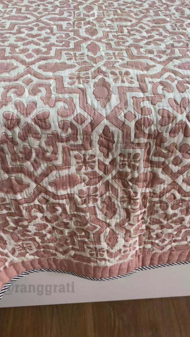 Peach Geometric Quilted Bedcover Super King Size