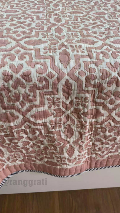 Peach Geometric Quilted Bedcover Super King Size