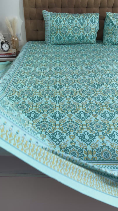 King Size Jaipuri Cotton Powder Blue Geometric Bedsheet 
