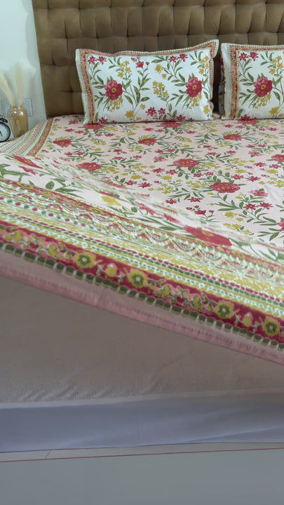 Creamy Peach With Red Flower  Bedsheet Jaipuri Cotton King Size