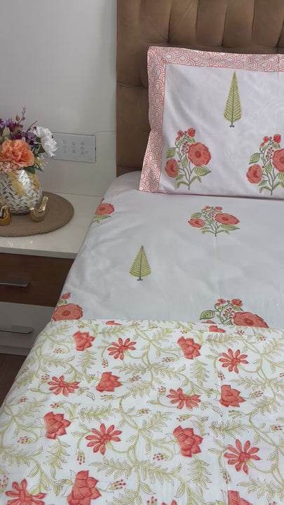 King Size Salmon Peach Floral Bedsheet With Dohar Bedding Set Reversible