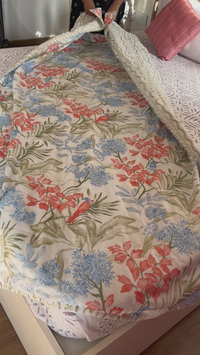 Orange-Blue Leaves Single Dohar For Single Bed Mulmul Cotton Reversible