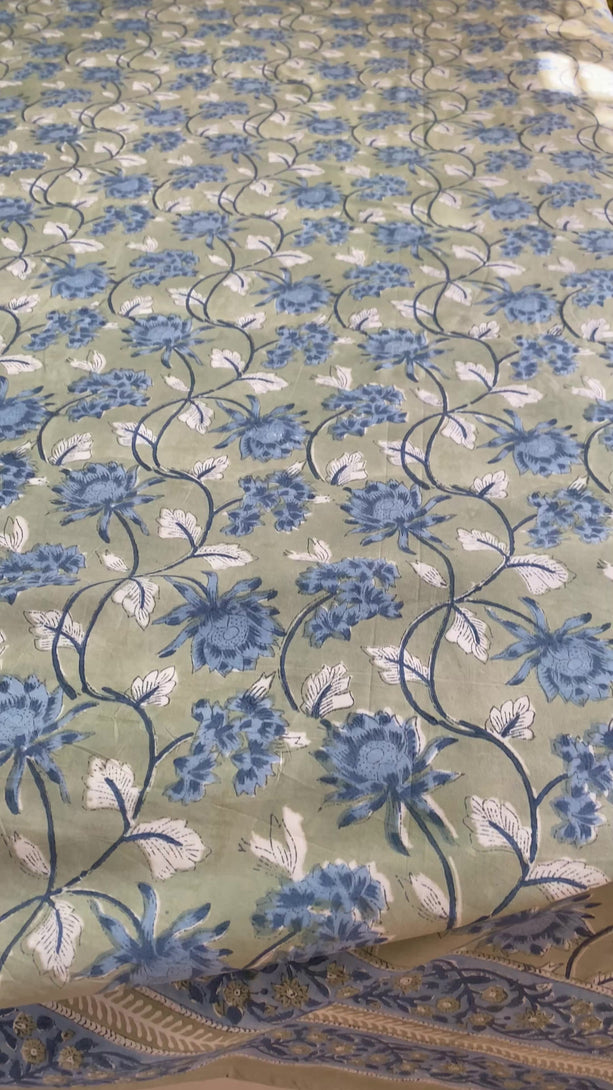 Hand Block Cotton Dark Sea Green-Blue Jaal Floral King Size Bedsheet