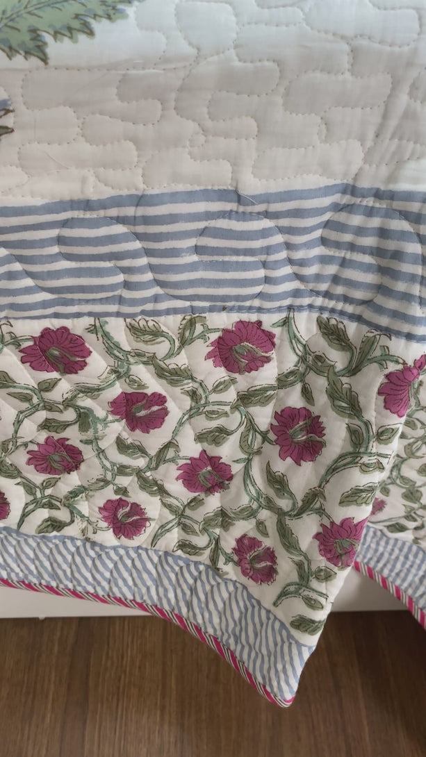 Pure Cotton Dark Fuchsia Floral Quilted Bedcover Super King 108 X 108