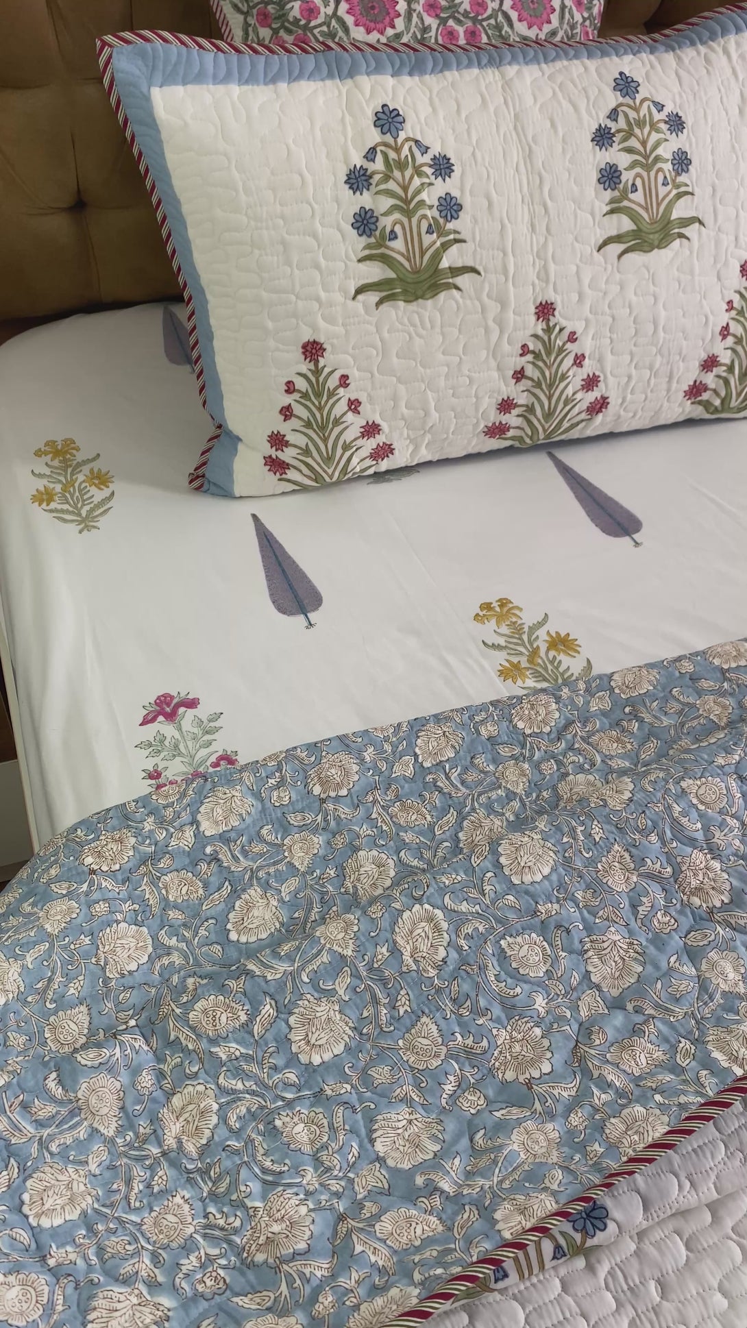 Blue-Pink Floral Quilted Bedcover King Size Mulmul Voile