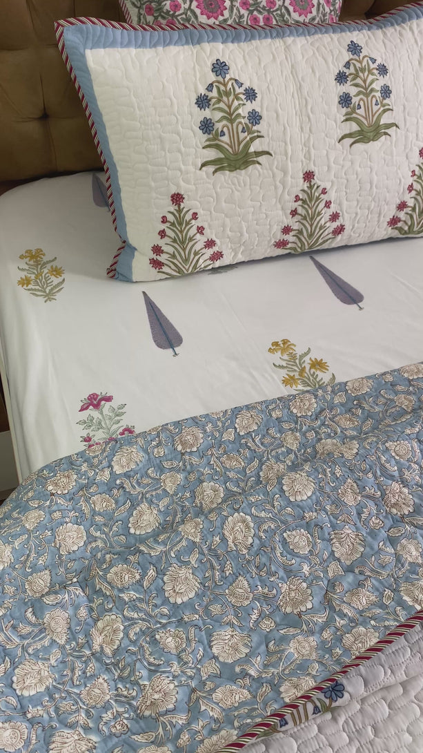 Blue-Pink Floral Quilted Bedcover King Size Mulmul Voile