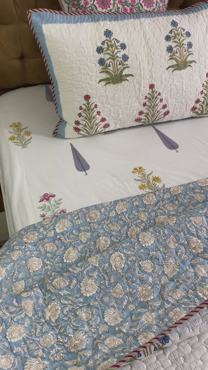 Blue-Pink Floral Quilted Bedcover King Size Mulmul Voile