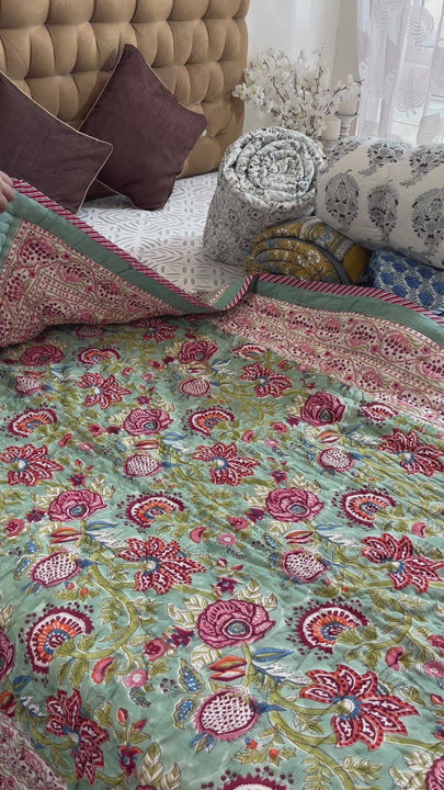 Green-Red Floral Single Bed Jaipuri Razai / Quilt Pure Cotton Hand Block