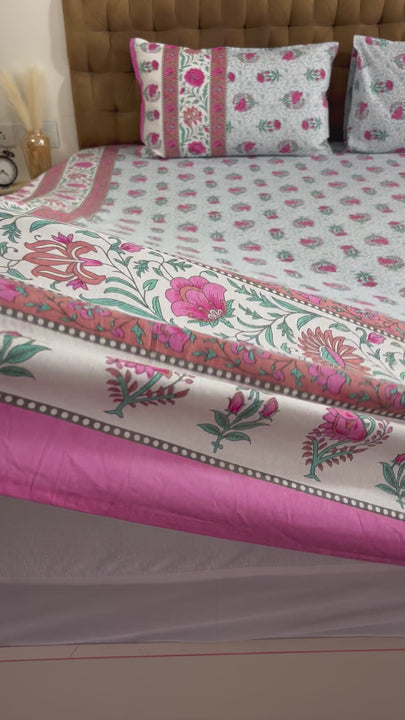 King Size Jaipuri Cotton Pink-Blue Floral Bedsheet 