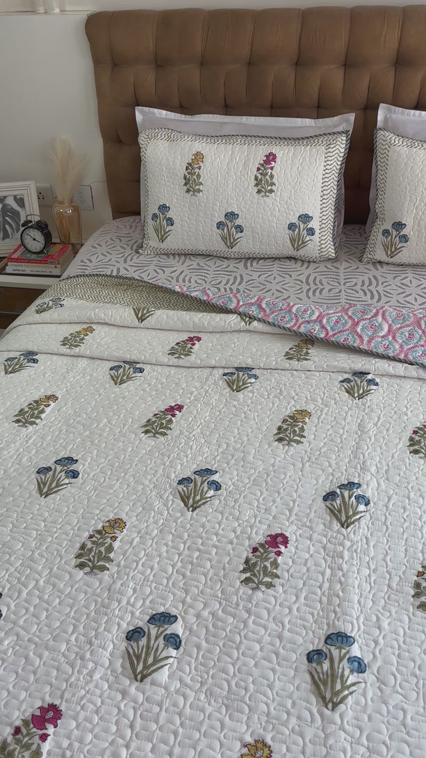 Blue Pansy Floral Quilted Bedcover Super King 108 X 108 